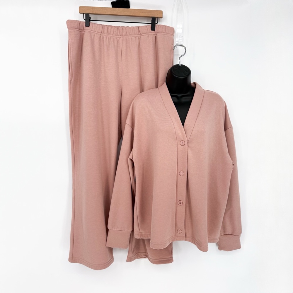 Berkshire Homewear French Terry Cardigan and Flare Pant Set Pink Large